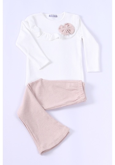 Kız Çocuk Triko Takım Fiyonklu Fırfırlı İspanyol Paça E21 Bej