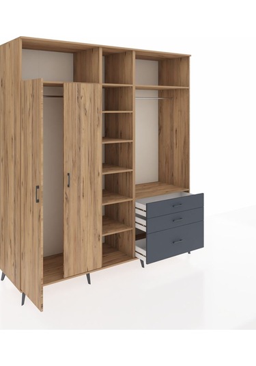Kronos Dolap 9 Raflı 3 Çekmeceli 2 Askılı 220x59x243 Çam-çam/antrasit Atlas Çam/antrasıt