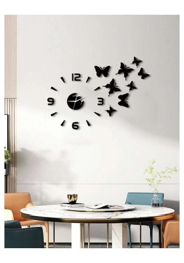 Kelebekli Dekoratif Duvar Saat Siyah