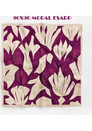 Mira Desen 94x94cm Viskon Modal Eşarp Mürdüm-krem