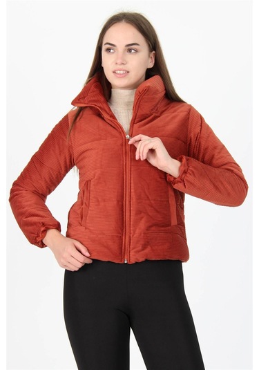 Kadın Yüksek Yaka Cepli Kışlık Kadife Mont Dpnb7154 Kiremit