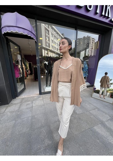 Kol Detaylı Salaş Keten Kimono - Kahverengi-102 Sarı
