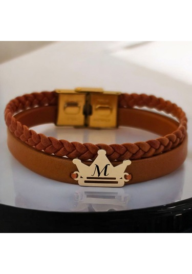 Archin M Harfine Özel Kahverengi Derili Taç Motifli 14 Ayar Altın Plakalı Hediye Bileklik-467harf M