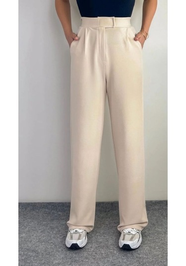 Kadın Likralı Cırt Kapama Lacivert Geniş Paçalı Rahat Palazzo Pantolon Bej