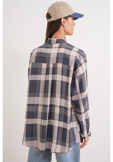 4752 Kadın Oversize Ekose Gömlek Antrasit Antrasit