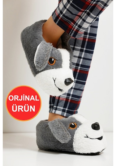 Devida Yumuşak Taban Sevimli Köpek Panduf Gri - Beyaz Beyaz - Gri