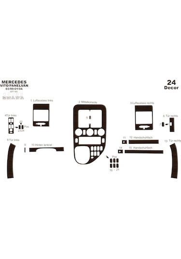 Mercedes Vito Panelvan Konsol-torpido Kaplama 1999-2004 24 Parça-koyu Meşe Seçenekler