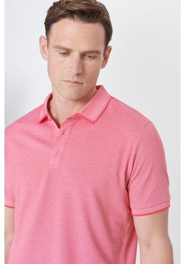 Ac&Co / Altınyıldız Classics 4A4820200047Fub3 Düğmeli Polo Yaka Cepsiz Slim Fit Erkek Tişört Fuşya - Beyaz Beyaz - Pembe