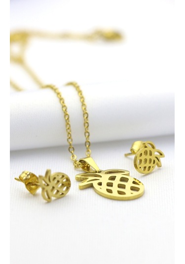Ananas Çelik Kolye Küpe Set Gümüş