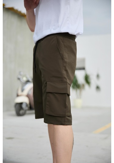 Haki Renk Kargo Cepli Paraşüt Kumaş Erkek Şort-1558 Haki