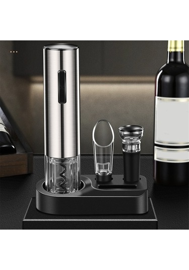 Moly 4'ü 1 Arada Elektrikli Şarap Açma Seti, Gümüş, Şarap Havalandırıcı Ve Vakum Tıpa Gümüş