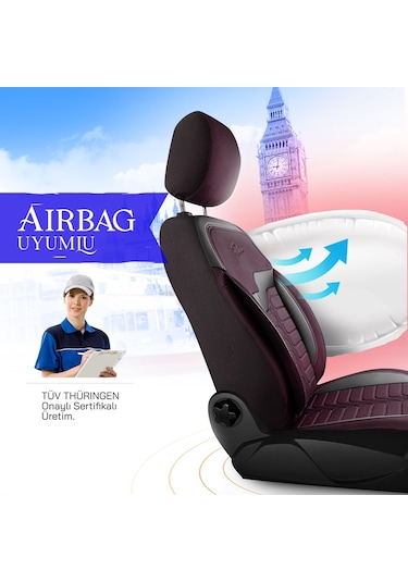 Panda Londra Serisi İngiliz Jakar Kumaş Oto Koltuk Kılıfı - Bordo - Siyah