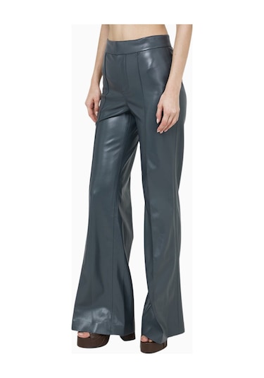 Alice And Olivia Dylan Vegan Deri Geniş Paça Pantolon Koyu Gri