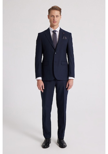 D's Damat Slim Fit Lacivert Düz Likralı Esnek Mono Yaka Çift Yırtmaçlı Astarlı Takim Elbise Lacivert