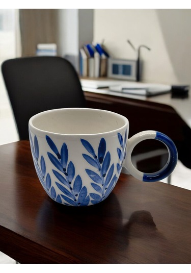 Seramik Kupa Bardak Mavi Yapraklı Tasarım