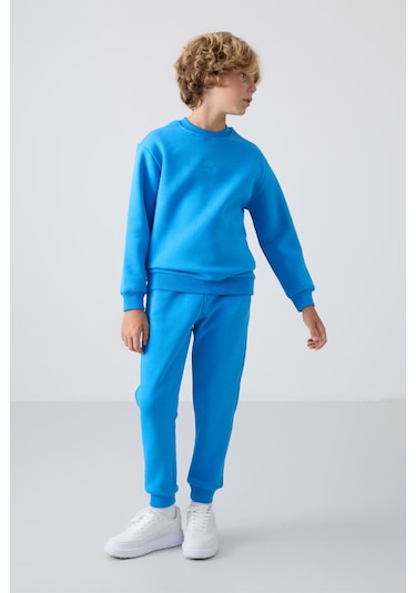 Tommy Life Saks Pamuklu Kalın İçi Tüylü Yumuşak Dokulu Standart Fit Nakışlı Erkek Çocuk Eşofman Takım - 11249 Saks Mavisi