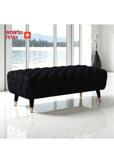 Smarto Relax Puf Adelboden Ahşap Ayaklı Kapitoneli 110x45x40 Cm Siyah Siyah