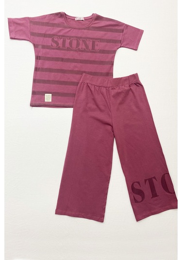 Kız Çocuk Eşofman Takımı Çizgili İspanyol Paça B17 Vişne Çürüğü