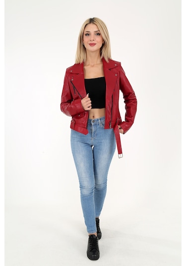 DERİNSS DKA99020 Hakiki Deri Kadın Kırmızı Mont