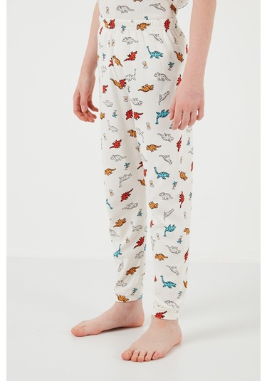 Lela Desenli % 100 Pamuk Bisiklet Yaka Erkek Çocuk Pijama Takımı 6651001 Ekru-Kırmızı