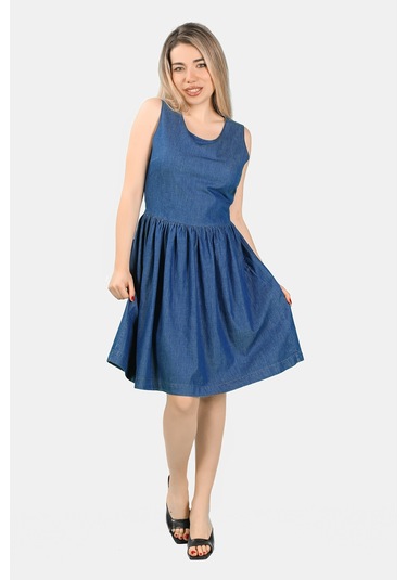 Kolsuz İnce Kot Elbise Mavi