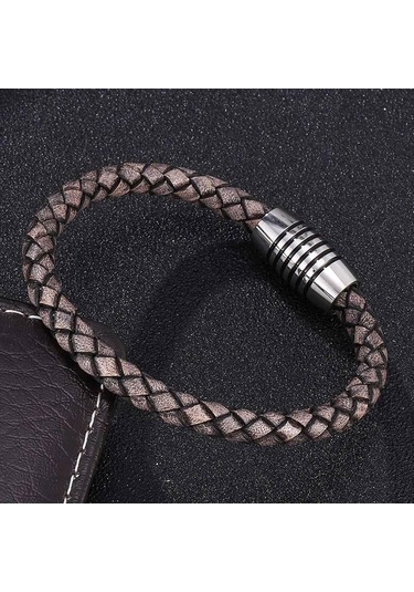 Vintage Hakiki Deri Bileklikler Erkekler Charm Manyetik Paslanmaz Çelik Toka Bilezikler Ve Bileklikler Hediye Bb0243 Gri