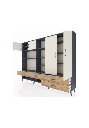 Arges Dolap 12 Raflı 4 Çekmeceli 4 Kapaklı 220x30x163 Antrasit-ay Antrasit-aytaşı/çam