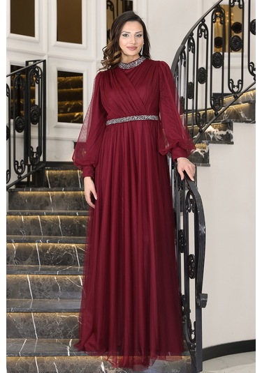 Senna Taş Detaylı Büyük Beden Şık Tesettür Abiye Bordo