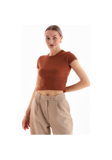 Kadın Likralı Kısa Kol Crop Bluz Kahve