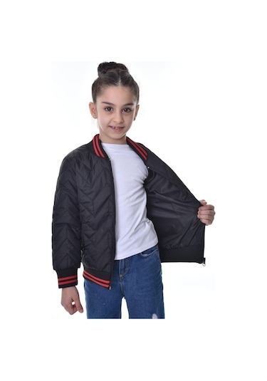 Kız Çocuk Kolej Yaka Astarlı Su Ve Rüzgar Geçirmez Fermuarlı Mont Ceket Siyah