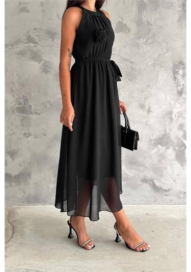 Kadın Astarlı Sıfır Kol Şifon Elbise Dpnbk2144 Siyah