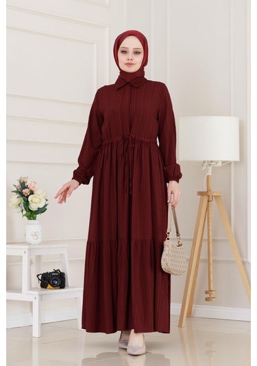 Gömlek Yaka Beli Tünelli Sare Elbise-bordo-5067 Bordo