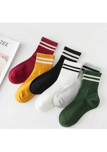 Unisex 6'lı Karışık Renkli Çizgili Tenis Çorabı Diğer