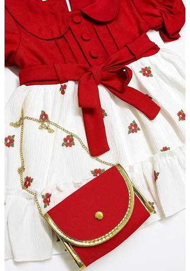 Çantalı Çiçekli Kız Çocuk Elbise Kırmızı