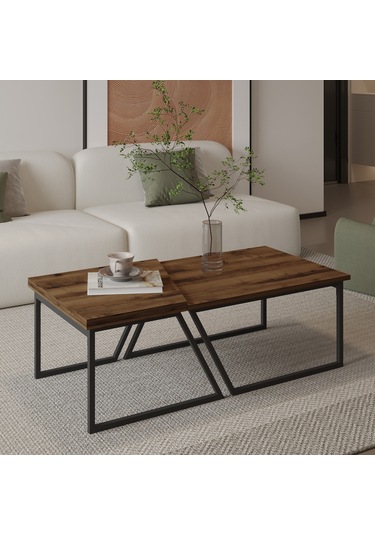 Verona İkili Orta Sehpa Modern Tasarım Metal Ayaklı Sehpa Seti Antik Ceviz