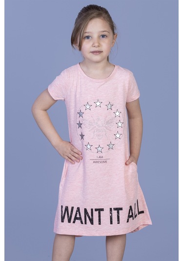 Toontoy Kız Çocuk I Want It All Baskılı Elbise Pembe Melanj