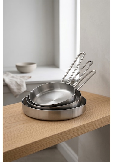 Makri Home 3 Lü Kompakt Çelik Tava Seti 12 Cm, 14 Cm, 16 Cm Krom