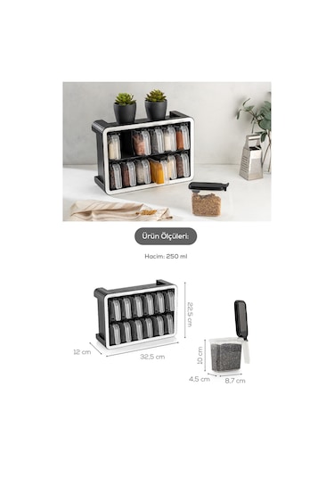 Vienev 12li 250 Ml Standlı Kendinden Yapışkanlı Kaşıklı Baharatlık Seti Antrasit