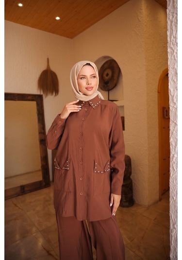 Kadın Tesettür Eşofman & Takımı, Alt Üst Uzun Takım Düğmeli Gömlek Pantolon 504 Kahverengi