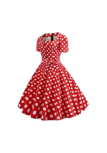 Novahub Kadın Retro Elbise, 1950'ler Vintage A-line, Kare Yaka, Kısa Kollu, Siyah, Nokta Baskı, Orta Bel Kuşaklı, Fiyonk Dekor Siyah