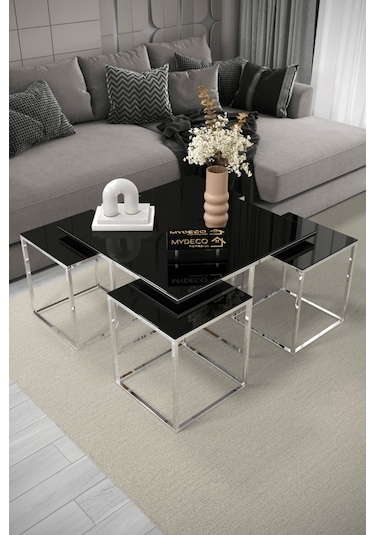 4+1 Gümüş Kaplama Siyah Ayna Orta Sehpa