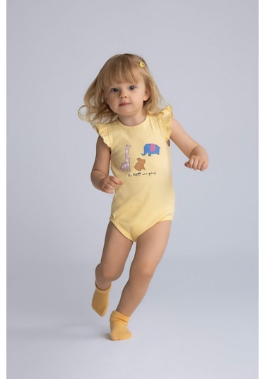 DeFacto Kız Bebek Yenidoğan Bisiklet Yaka Hayvan Desenli Fitilli Kaşkorse Kısa Kollu Çıtçıtlı Body E7945A525SMYL488 Sarı
