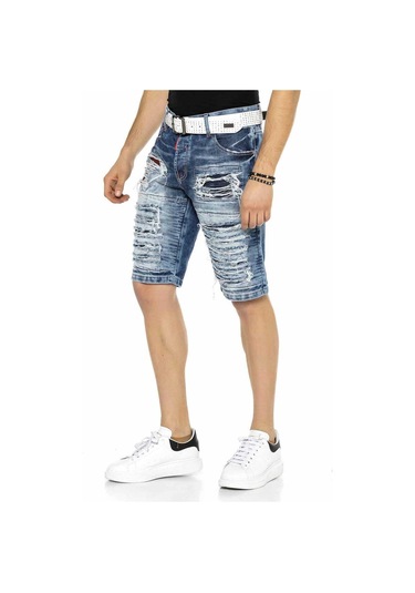Ck219 Erkek Vintage Destroyed Yırtık Yamalı Kot Kapri Mavi
