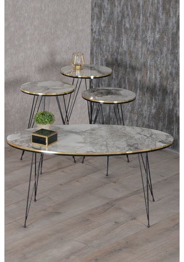 Zigon Sehpa Ve Orta Sehpa Elip Set Siyah Tel Ayak Çift Altın Efes