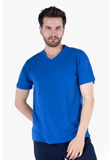 V Yaka T-shirt Saks Mavi