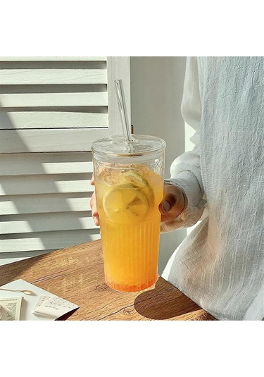 600 Ml Cam Bardak Sütlü Kahve Fincanı Kapaklı Ve Pipetli Şeffaf Çizgili Su Bardağı Kupa İçme Bardağı Kdo Kdo