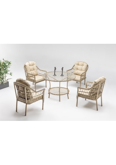 Zen Masalı Çay Seti Bahçe Ve Balkon Mobilyası Takımı 1+1+1+1+ Çap 110 Masa ,krem Bambu - Krem