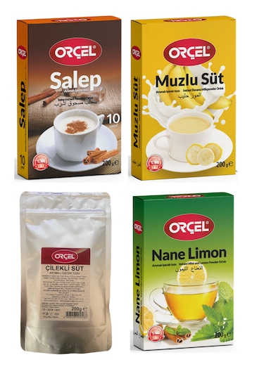 Orçel Salep + Muzlu Süt + Çilekli Süt + Nane Limon Aromalı İçecek Oralet 4'lü