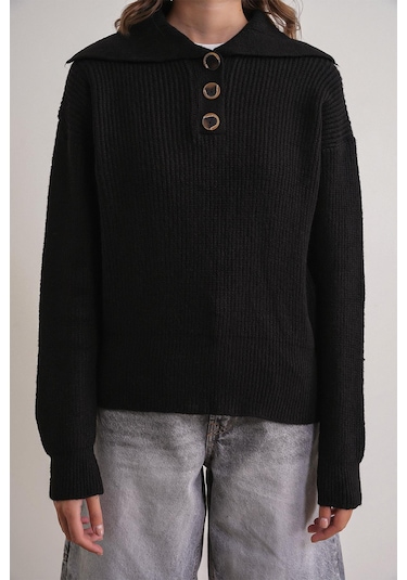 6900 Kadın Düğmeli Devrik Yaka Triko Kazak Siyah Siyah