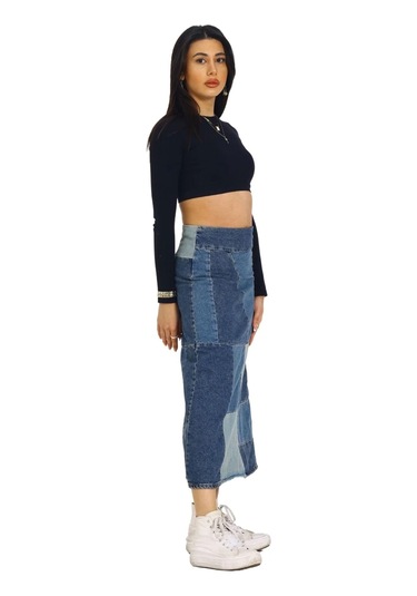 Vexor Mavi Patchwork Desenli Denim Kot Etek